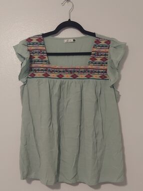 Dorose Women's Mint Green Ruffled Short Sleeve Embroidered Tunic Size S
